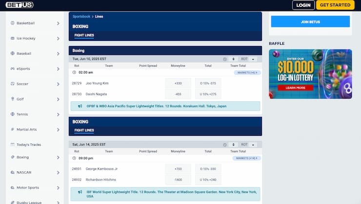An image of the betting screen from BetUS, a popular online sportsbook for boxing betting odds.